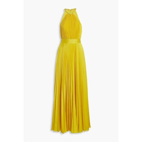 Alice + Olivia NEW Alycia Pleated Satin Maxi Dress Yellow Size 0 MSRP‎ $660